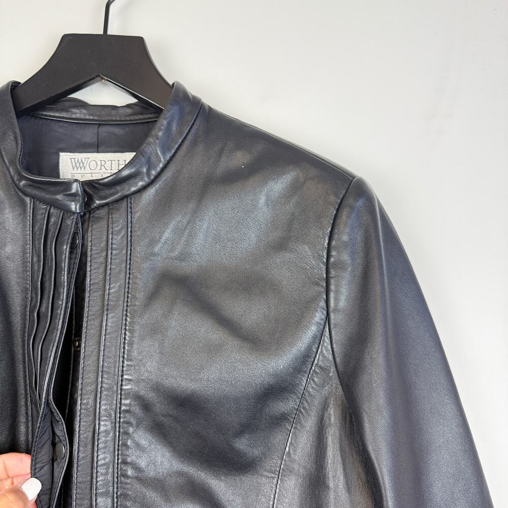 WORTH Luxury 100% Leather Womens Jacket Black - Size 12P Petite - Picture 2 of 11